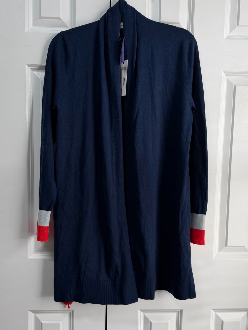 White + Warren Navy Open-Front Long Cardigan with Red and Gray Cuff Accents